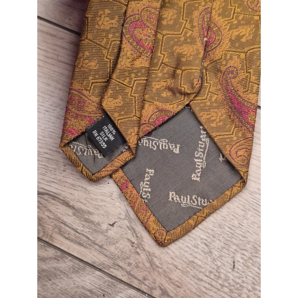 Paul Stuart Mens Gold Bronze Pink Paisley Geometric Italian Silk Necktie Tie